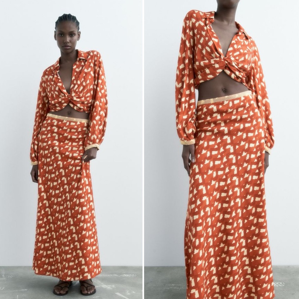 Zara Terracotta Linen Blend Beaded Waist Printed Skirt